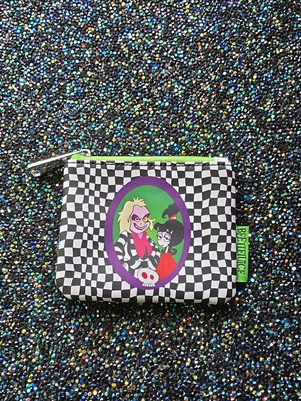 NWOT Loungefly Black & White Checkered Beetlejuice Coin Purse with Green Trim